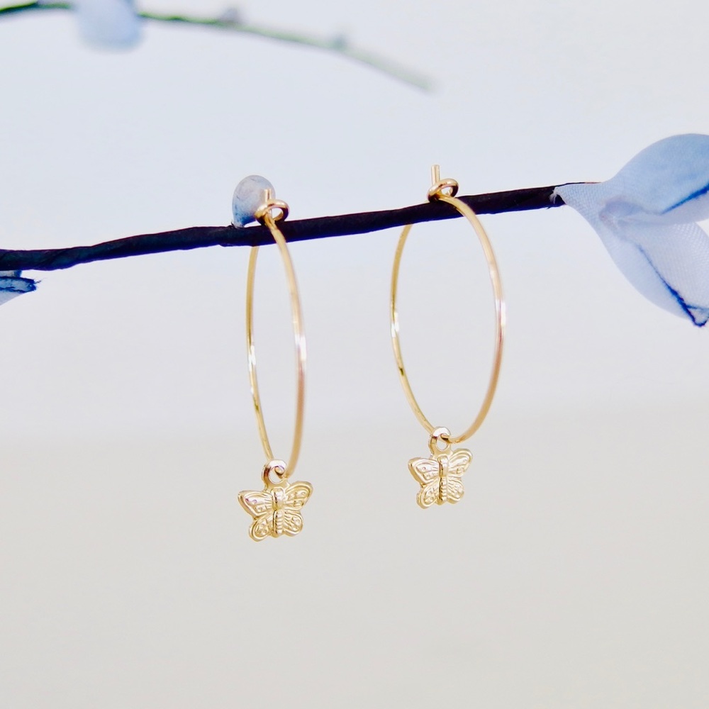 Small butterfly hoop earrings 14k gold filled